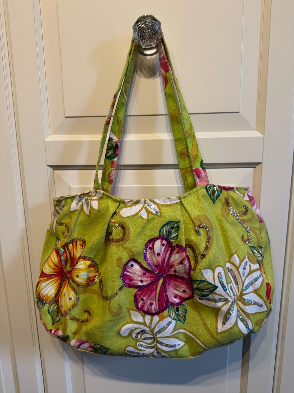 Green Floral Canvas Tote Bag with Pink & Yellow Accents